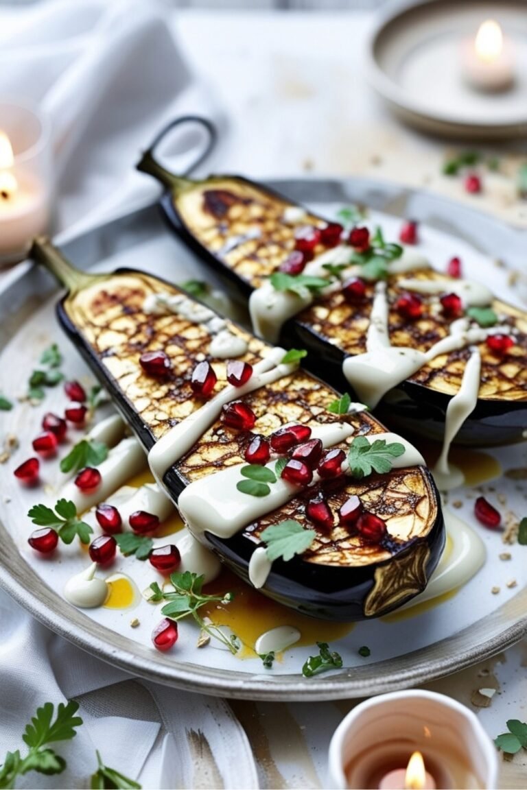 Roasted Aubergine with Tahini and Pomegranate